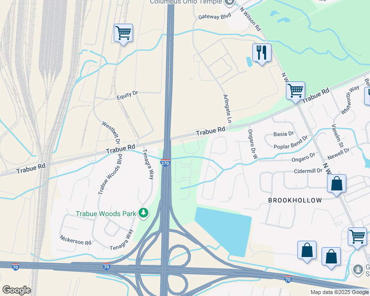 map of restaurants, bars, coffee shops, grocery stores, and more near 4441 Trabue Road in Columbus