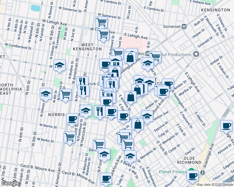 map of restaurants, bars, coffee shops, grocery stores, and more near 1912 East Arizona Street in Philadelphia