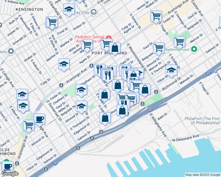 map of restaurants, bars, coffee shops, grocery stores, and more near 2561 East Clearfield Street in Philadelphia