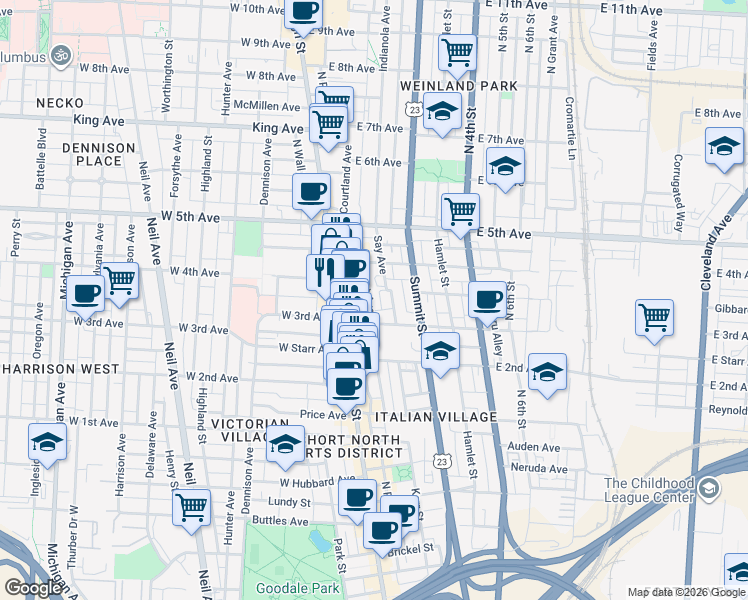 map of restaurants, bars, coffee shops, grocery stores, and more near 24 East 3rd Avenue in Columbus