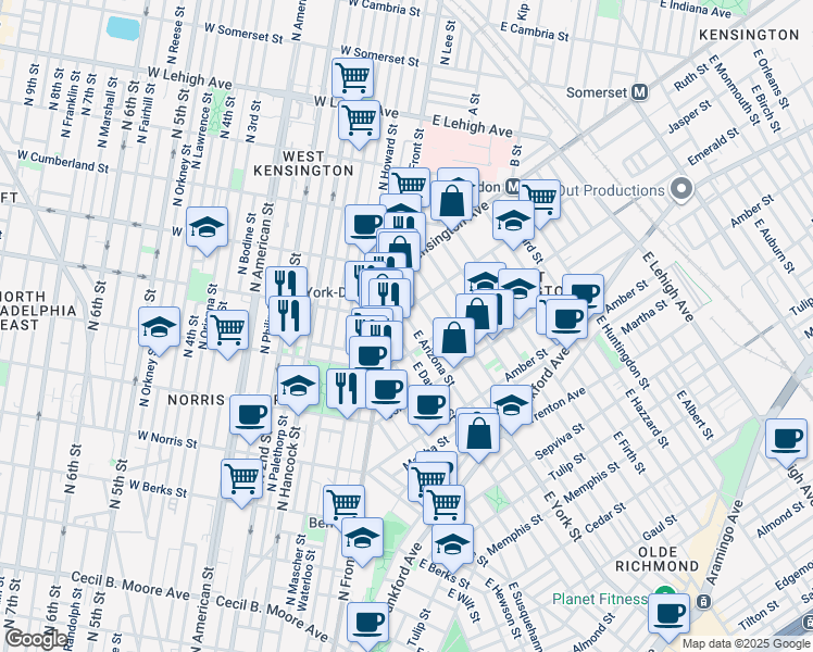 map of restaurants, bars, coffee shops, grocery stores, and more near 1912 East Arizona Street in Philadelphia