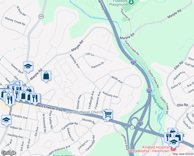 map of restaurants, bars, coffee shops, grocery stores, and more near 105 Lindbergh Avenue in Broomall