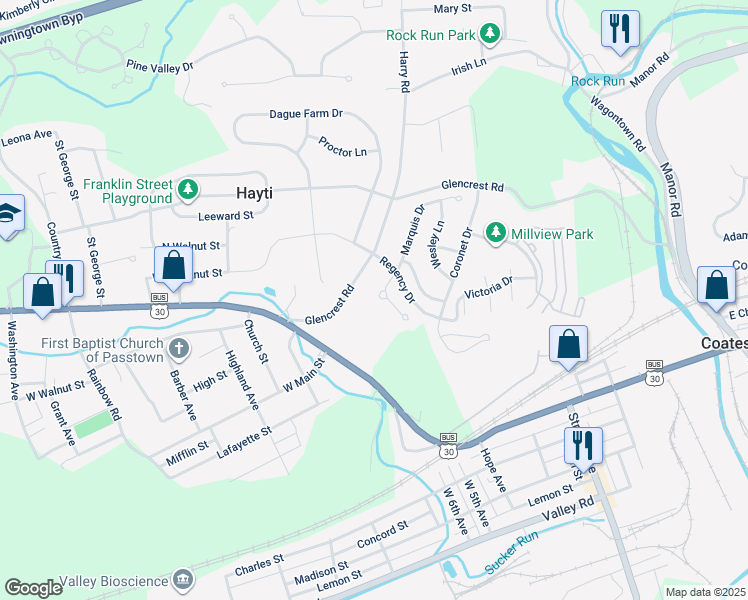 map of restaurants, bars, coffee shops, grocery stores, and more near 117 Millview Drive in Coatesville
