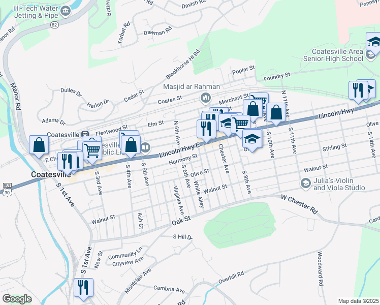 map of restaurants, bars, coffee shops, grocery stores, and more near 618 East Lincoln Highway in Coatesville