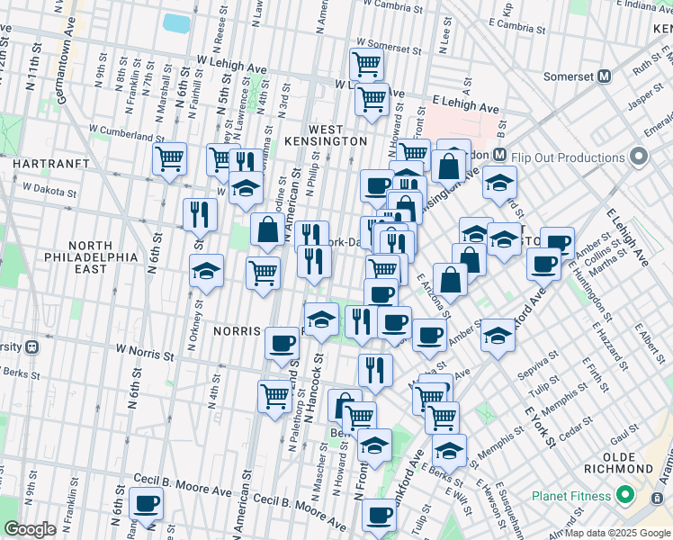 map of restaurants, bars, coffee shops, grocery stores, and more near 2207 North Hancock Street in Philadelphia
