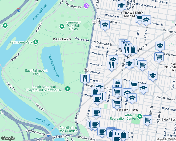 map of restaurants, bars, coffee shops, grocery stores, and more near in Philadelphia
