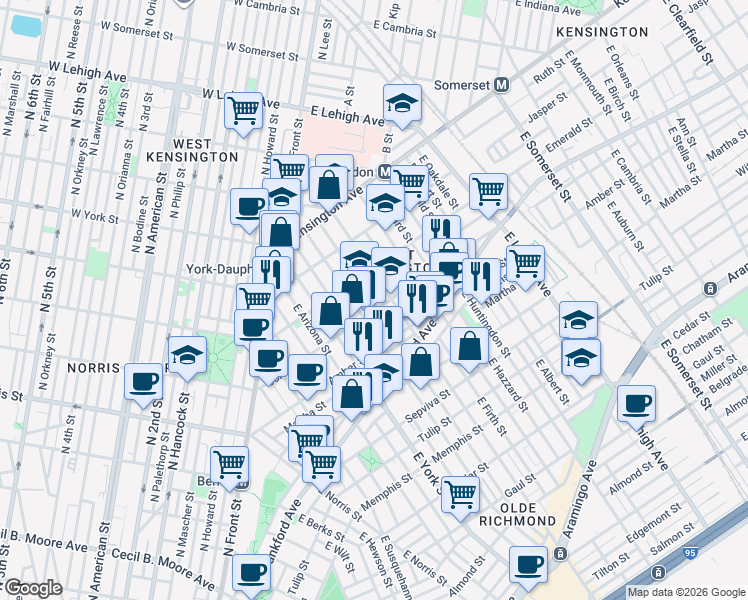 map of restaurants, bars, coffee shops, grocery stores, and more near 2054 East Letterly Street in Philadelphia