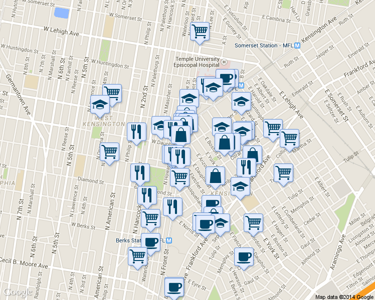 map of restaurants, bars, coffee shops, grocery stores, and more near 1905 East Dauphin Street in Philadelphia