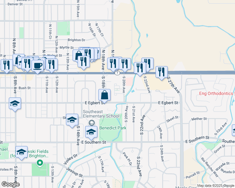 map of restaurants, bars, coffee shops, grocery stores, and more near 151 South 20th Avenue in Brighton