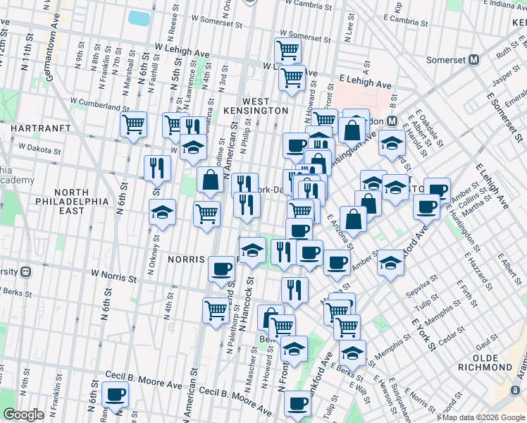 map of restaurants, bars, coffee shops, grocery stores, and more near 2207 North Hancock Street in Philadelphia