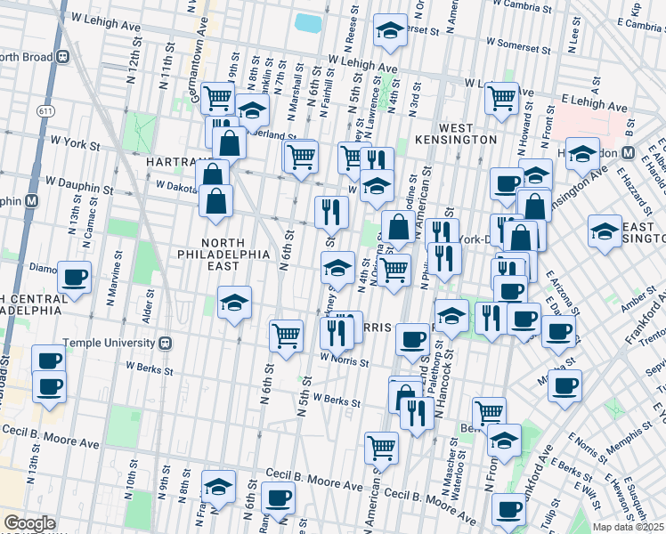 map of restaurants, bars, coffee shops, grocery stores, and more near 2149 North Lawrence Street in Philadelphia