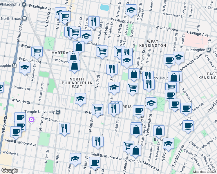map of restaurants, bars, coffee shops, grocery stores, and more near 2142 North Reese Street in Philadelphia