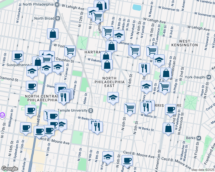 map of restaurants, bars, coffee shops, grocery stores, and more near 2123 North 8th Street in Philadelphia