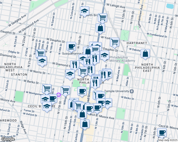 map of restaurants, bars, coffee shops, grocery stores, and more near 2029 North Carlisle Street in Philadelphia