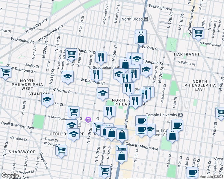 map of restaurants, bars, coffee shops, grocery stores, and more near 1439 West Norris Street in Philadelphia