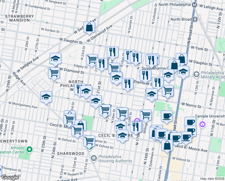 map of restaurants, bars, coffee shops, grocery stores, and more near in Philadelphia