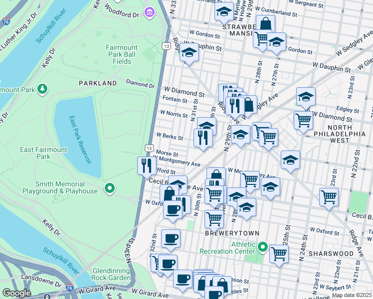 map of restaurants, bars, coffee shops, grocery stores, and more near 3100 Euclid Avenue in Philadelphia