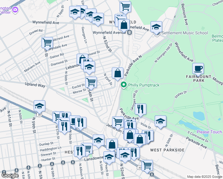 map of restaurants, bars, coffee shops, grocery stores, and more near 1739 North Peach Street in Philadelphia