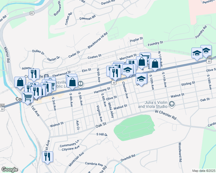 map of restaurants, bars, coffee shops, grocery stores, and more near 24 Pennsylvania Avenue in Coatesville