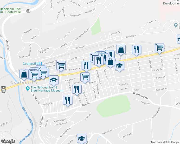 map of restaurants, bars, coffee shops, grocery stores, and more near 24 Pennsylvania Avenue in Coatesville