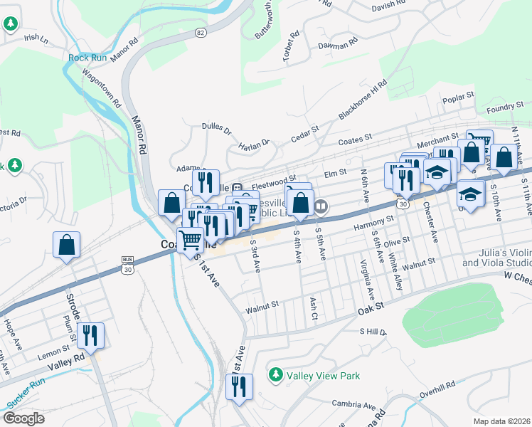map of restaurants, bars, coffee shops, grocery stores, and more near 339 U.S. 30 Business in Coatesville