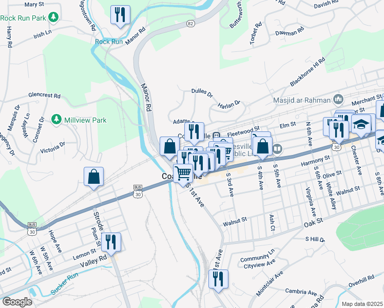 map of restaurants, bars, coffee shops, grocery stores, and more near 136 East Chestnut Street in Coatesville