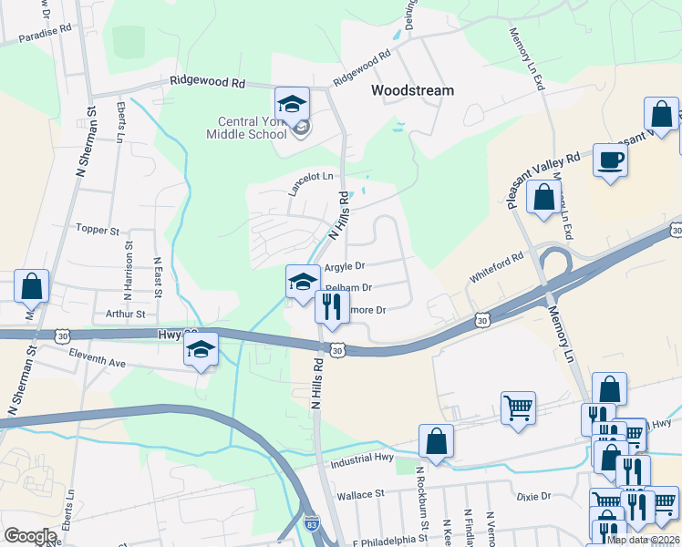 map of restaurants, bars, coffee shops, grocery stores, and more near 1728 Pelham Drive in York