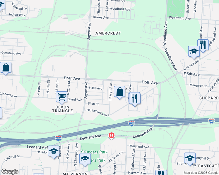 map of restaurants, bars, coffee shops, grocery stores, and more near 843 Bassett Avenue in Columbus