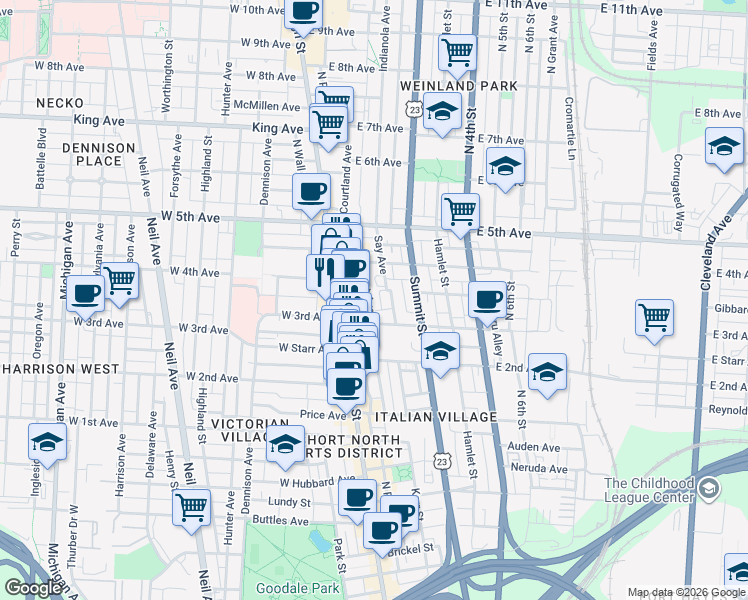 map of restaurants, bars, coffee shops, grocery stores, and more near 24 East 3rd Avenue in Columbus