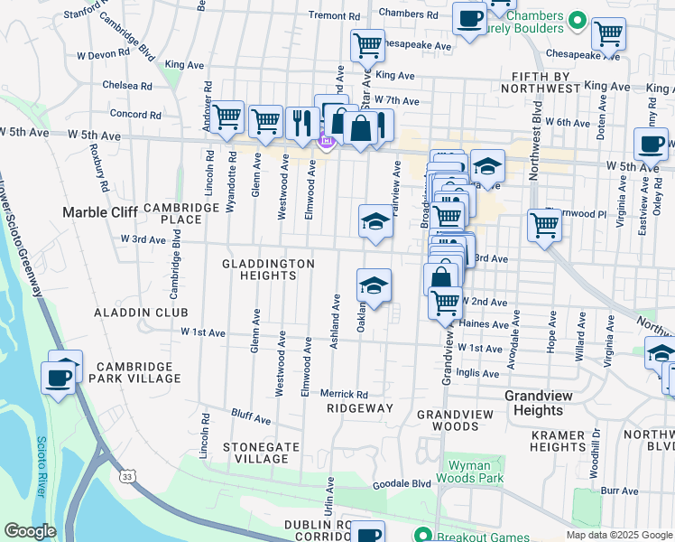 map of restaurants, bars, coffee shops, grocery stores, and more near 1319 Ashland Avenue in Columbus