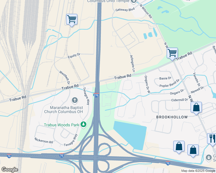 map of restaurants, bars, coffee shops, grocery stores, and more near 4415 Trabue Road in Columbus