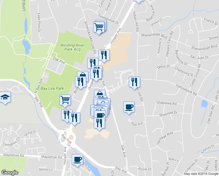 map of restaurants, bars, coffee shops, grocery stores, and more near 406 Aberdeen Lane in Toms River