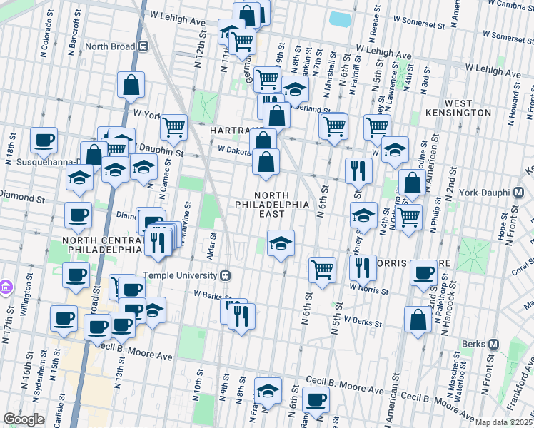 map of restaurants, bars, coffee shops, grocery stores, and more near 2150 North 8th Street in Philadelphia