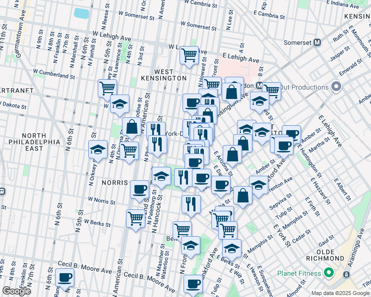 map of restaurants, bars, coffee shops, grocery stores, and more near 2247 Waterloo Street in Philadelphia