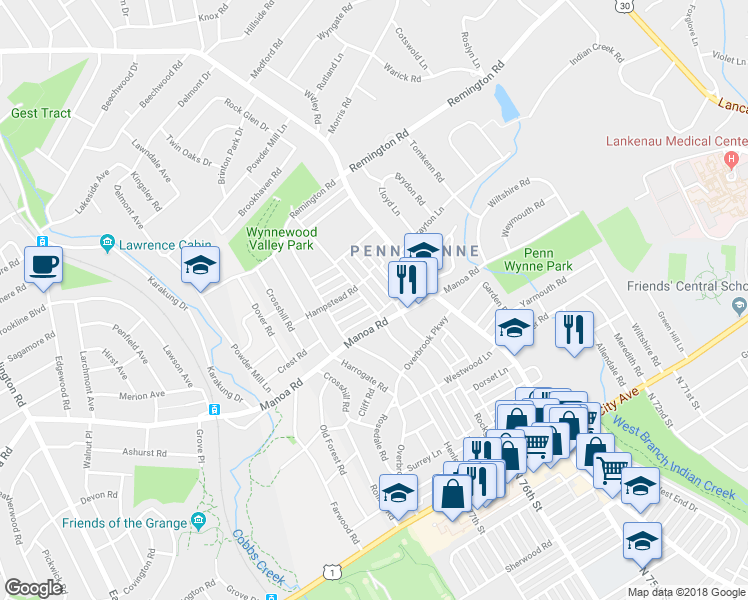 map of restaurants, bars, coffee shops, grocery stores, and more near 219 Trent Rd in Penn Wynne