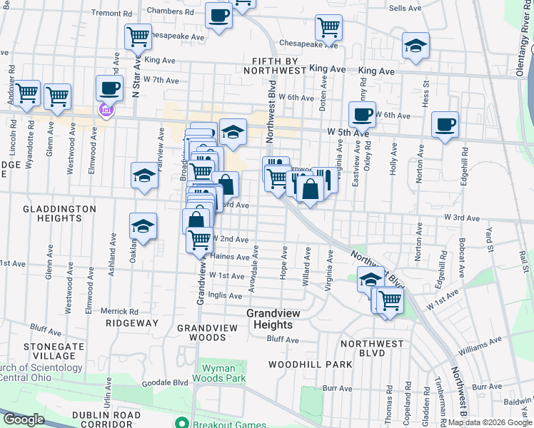 map of restaurants, bars, coffee shops, grocery stores, and more near 1345 Murrell Avenue in Columbus