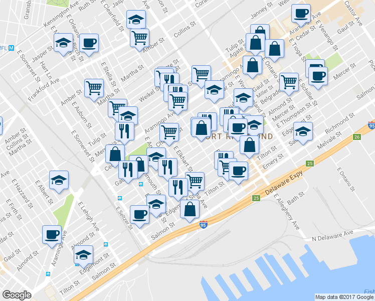 map of restaurants, bars, coffee shops, grocery stores, and more near 3048 Belgrade Street in Philadelphia