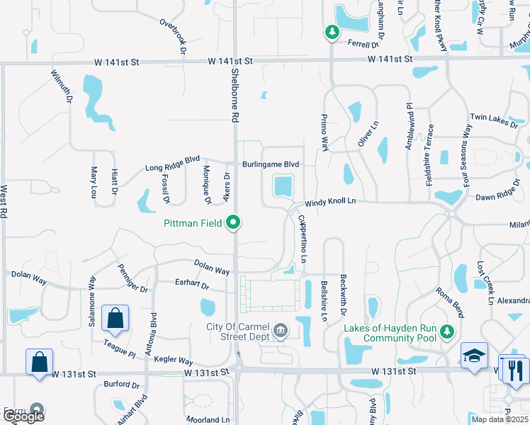 map of restaurants, bars, coffee shops, grocery stores, and more near 13604 Stanford Drive in Westfield