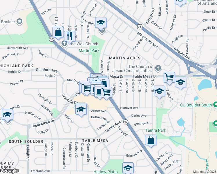 map of restaurants, bars, coffee shops, grocery stores, and more near 660 South Lashley Lane in Boulder