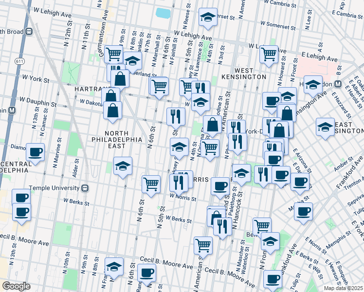 map of restaurants, bars, coffee shops, grocery stores, and more near 2202 North Lawrence Street in Philadelphia