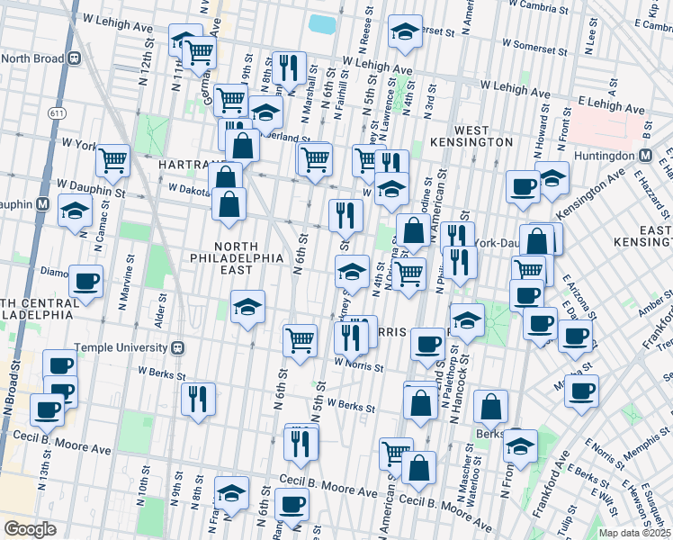 map of restaurants, bars, coffee shops, grocery stores, and more near 505 West Susquehanna Avenue in Philadelphia