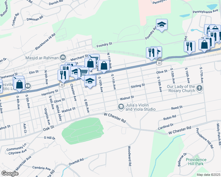 map of restaurants, bars, coffee shops, grocery stores, and more near 1019 Stirling Street in Coatesville