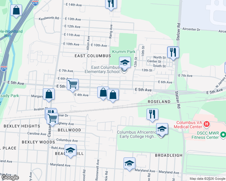 map of restaurants, bars, coffee shops, grocery stores, and more near 3015 East 5th Avenue in Columbus