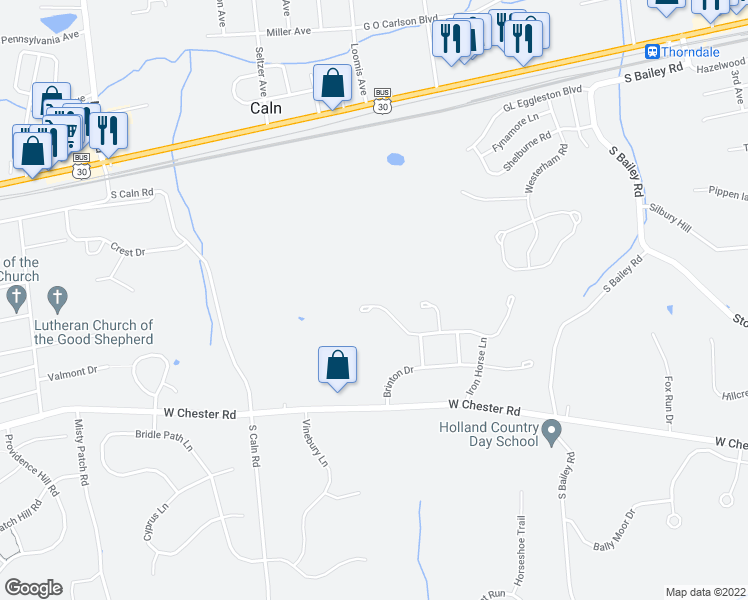 map of restaurants, bars, coffee shops, grocery stores, and more near 226 John Stevens Drive in Coatesville