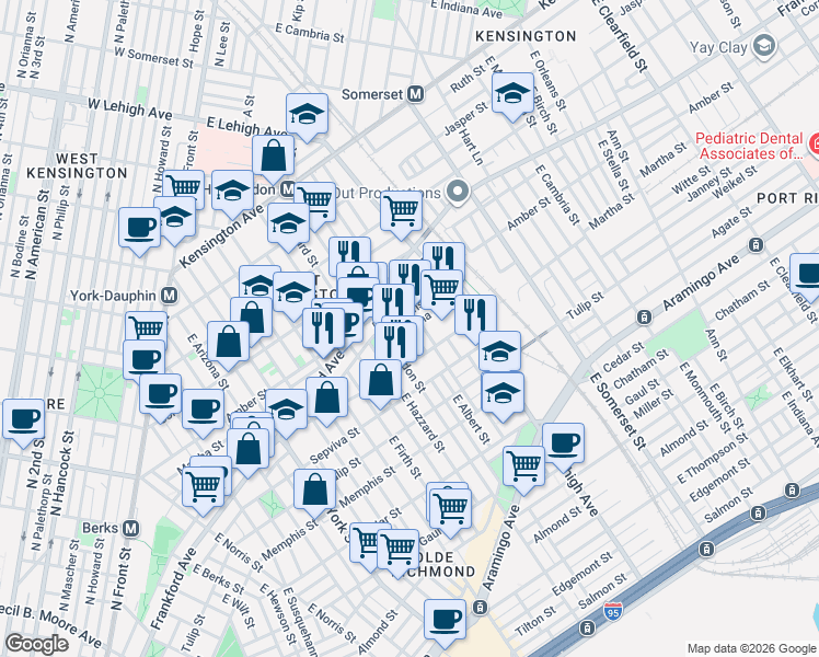 map of restaurants, bars, coffee shops, grocery stores, and more near 2620 Martha Street in Philadelphia