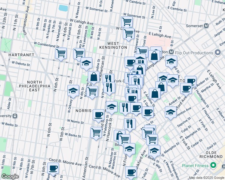 map of restaurants, bars, coffee shops, grocery stores, and more near 2241 North Palethorp Street in Philadelphia