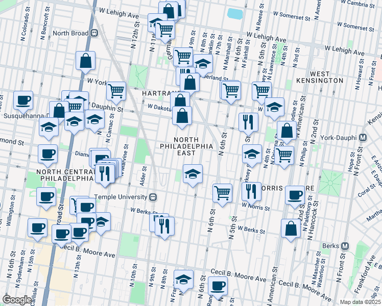 map of restaurants, bars, coffee shops, grocery stores, and more near 2158 North Franklin Street in Philadelphia