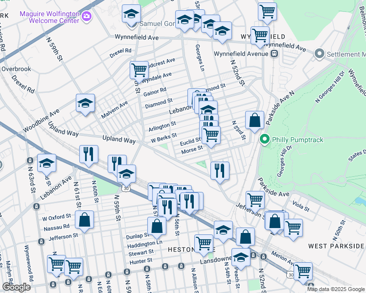 map of restaurants, bars, coffee shops, grocery stores, and more near 5458 Euclid Street in Philadelphia