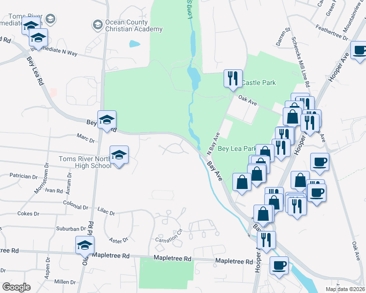 map of restaurants, bars, coffee shops, grocery stores, and more near 1004 Burntwood Trail in Toms River