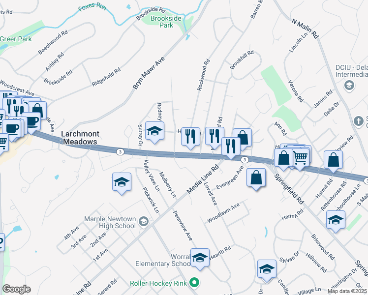 map of restaurants, bars, coffee shops, grocery stores, and more near 3209 West Chester Pike in Delaware County